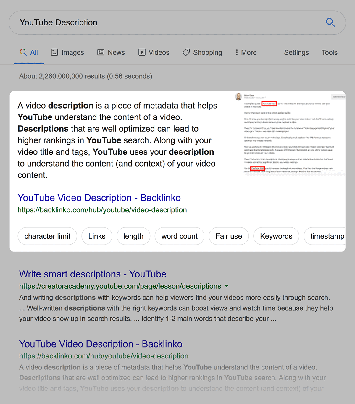 Backlinko "YouTube Description" Definition Featured Snippet