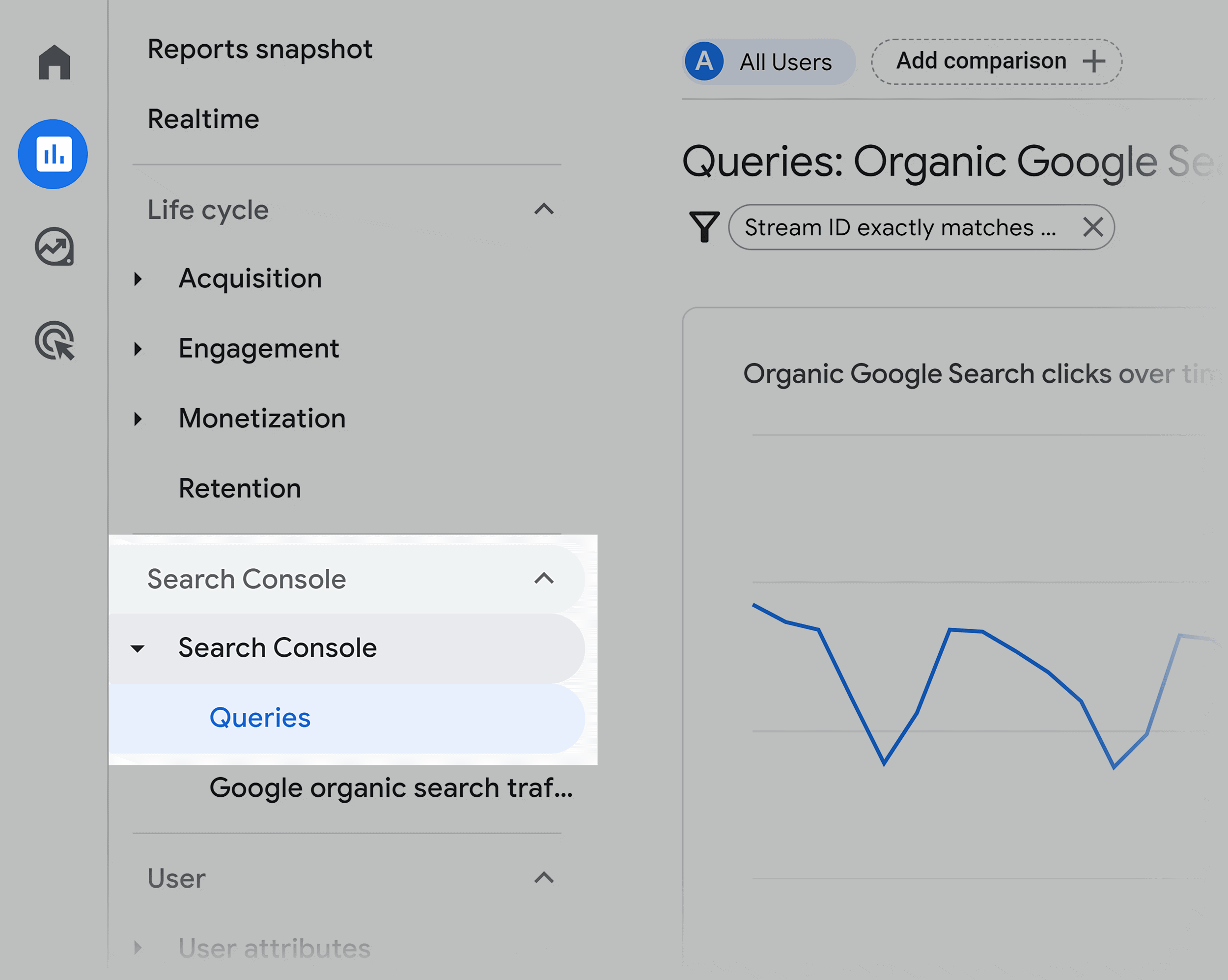 GA4 – Reports – Search Console – Queries