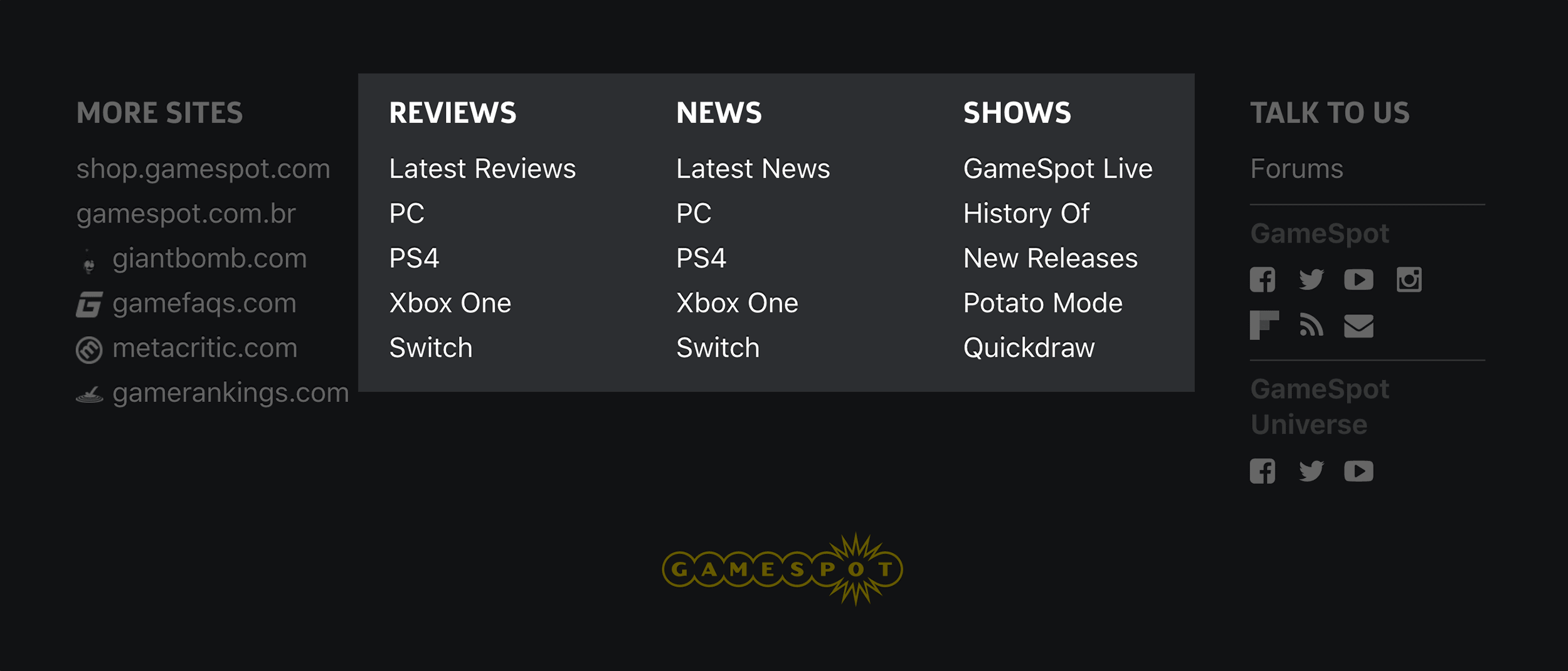 Gamespot footer links