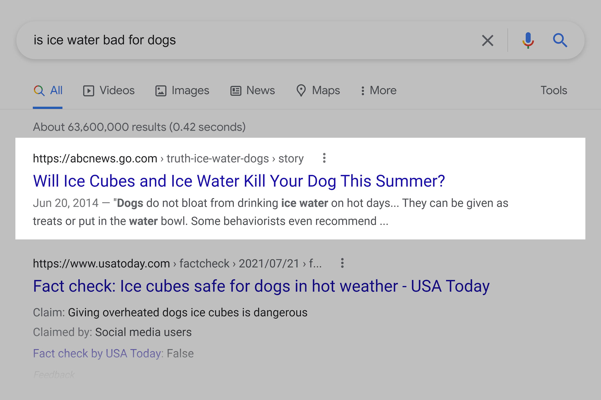Google SERP – Ice water bad for dogs