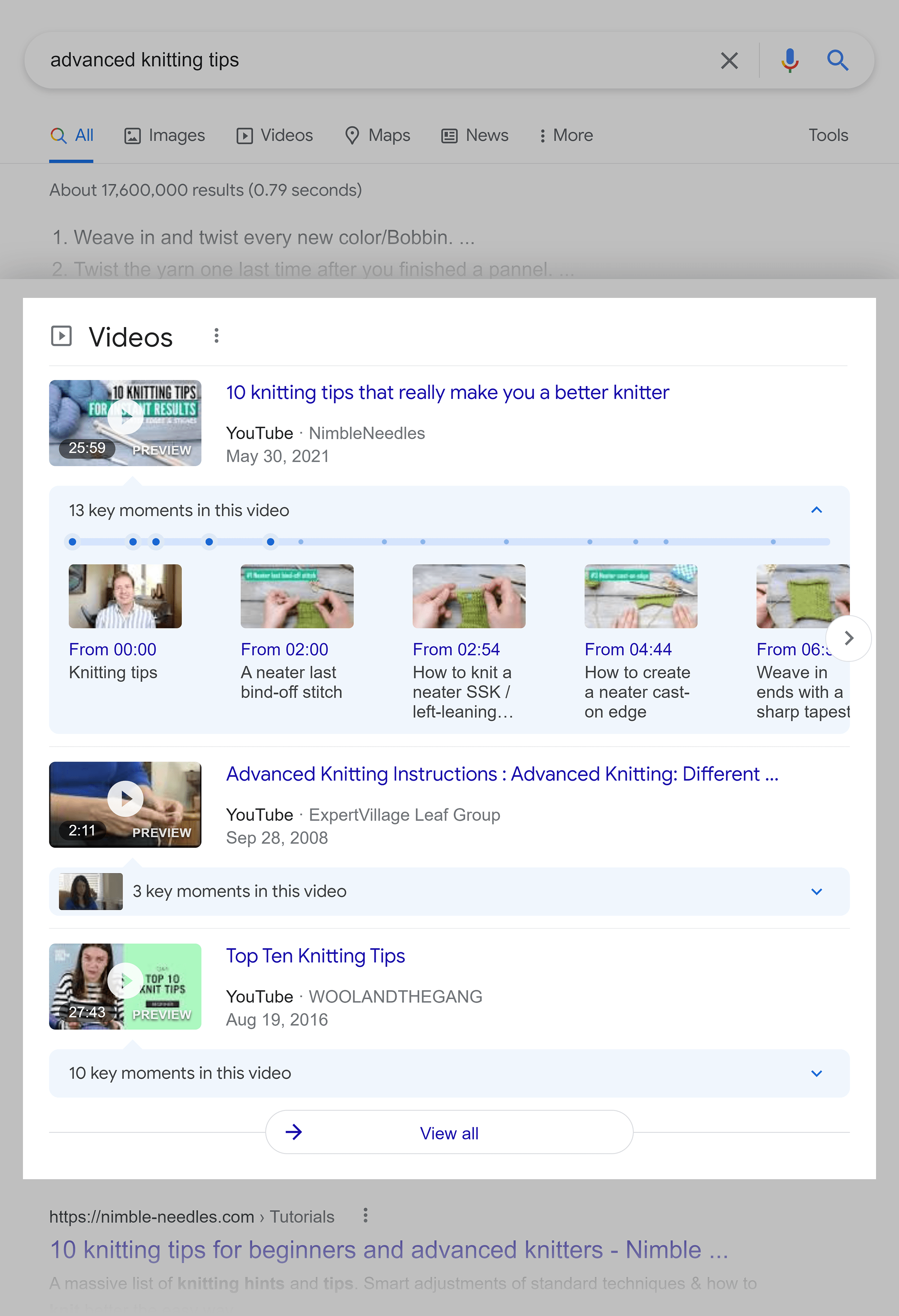 Google SERP – Videos – Advanced knitting tips