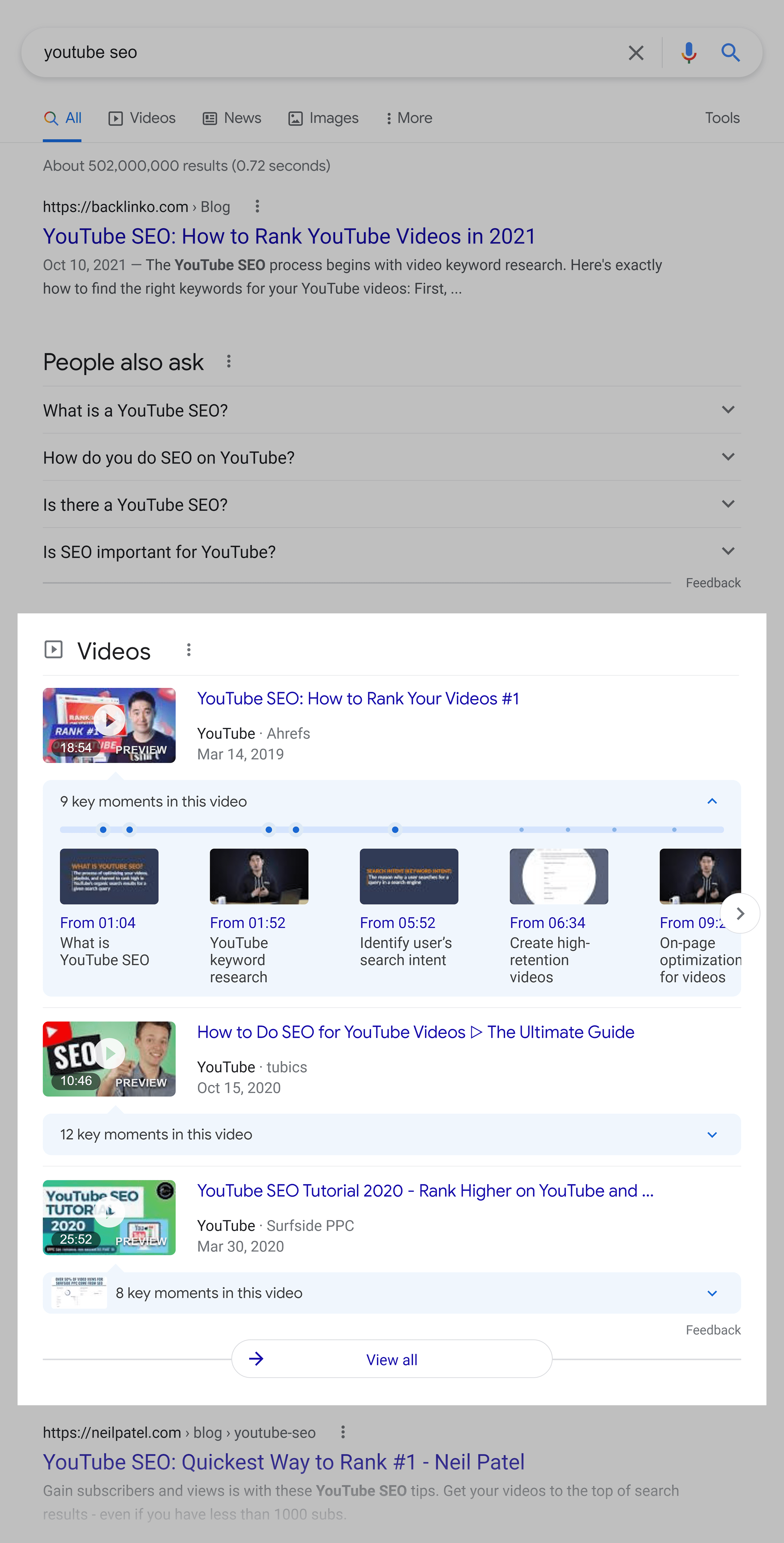 Google SERP – YouTube SEO – Video results