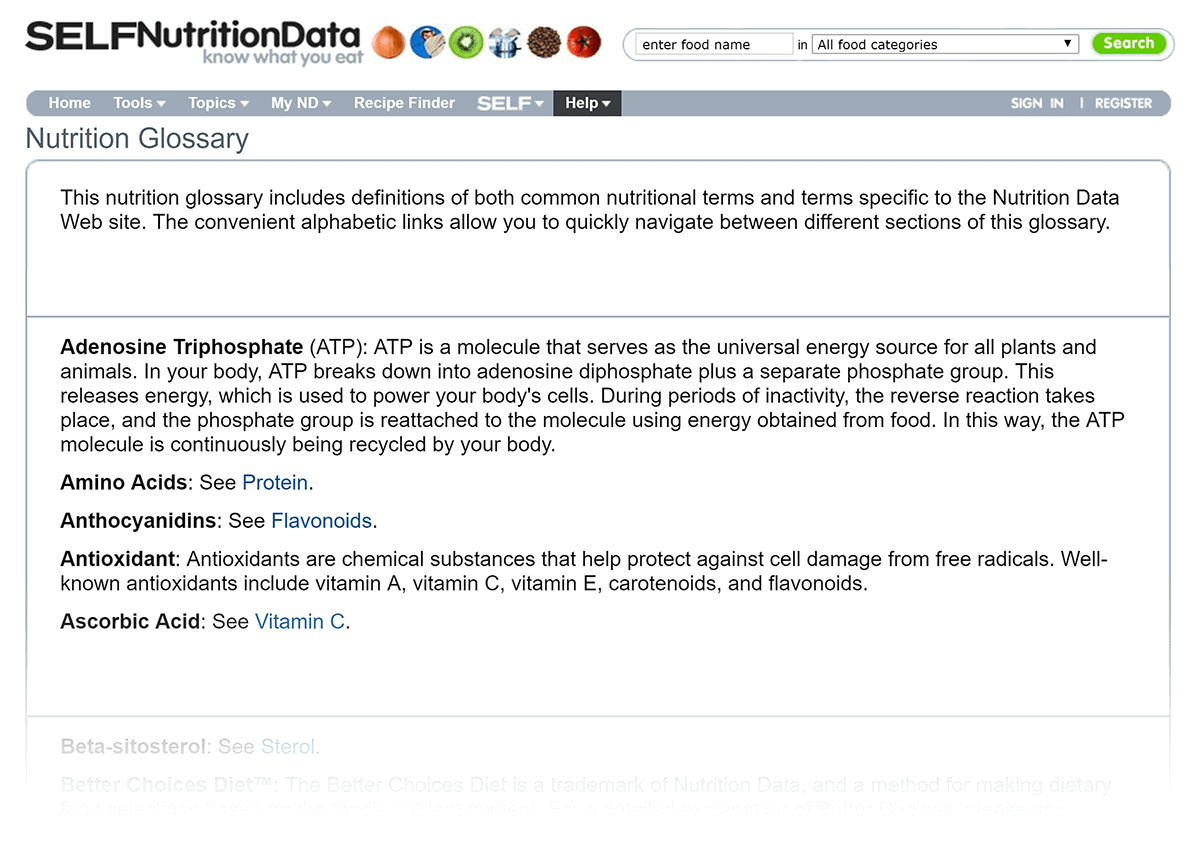 NutritionData – Glossary section