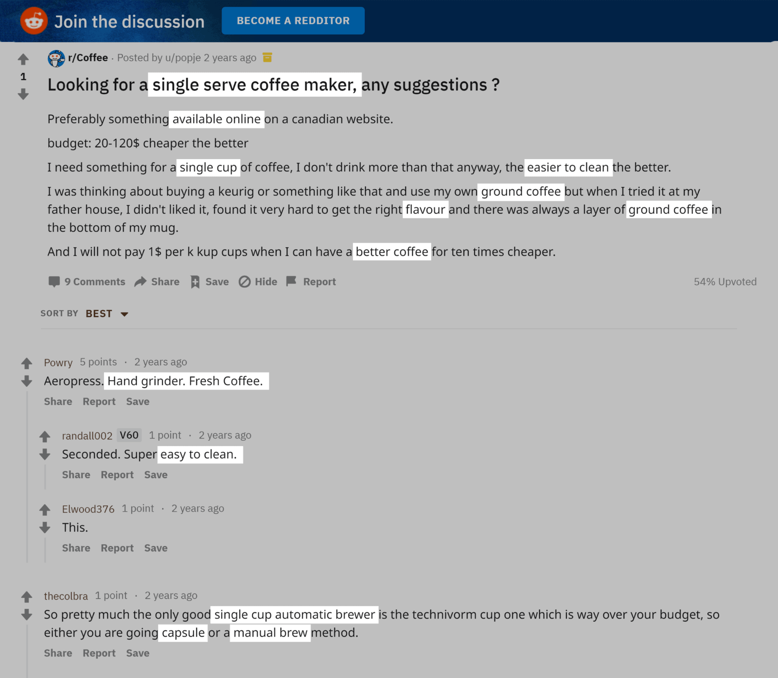 Reddit – Coffee comments