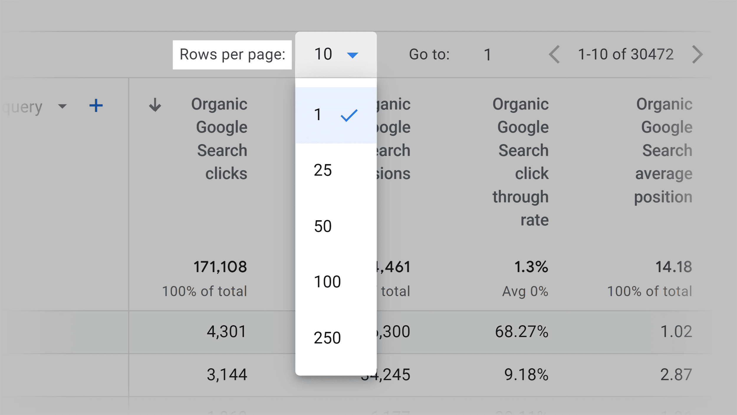 Rows per page filter