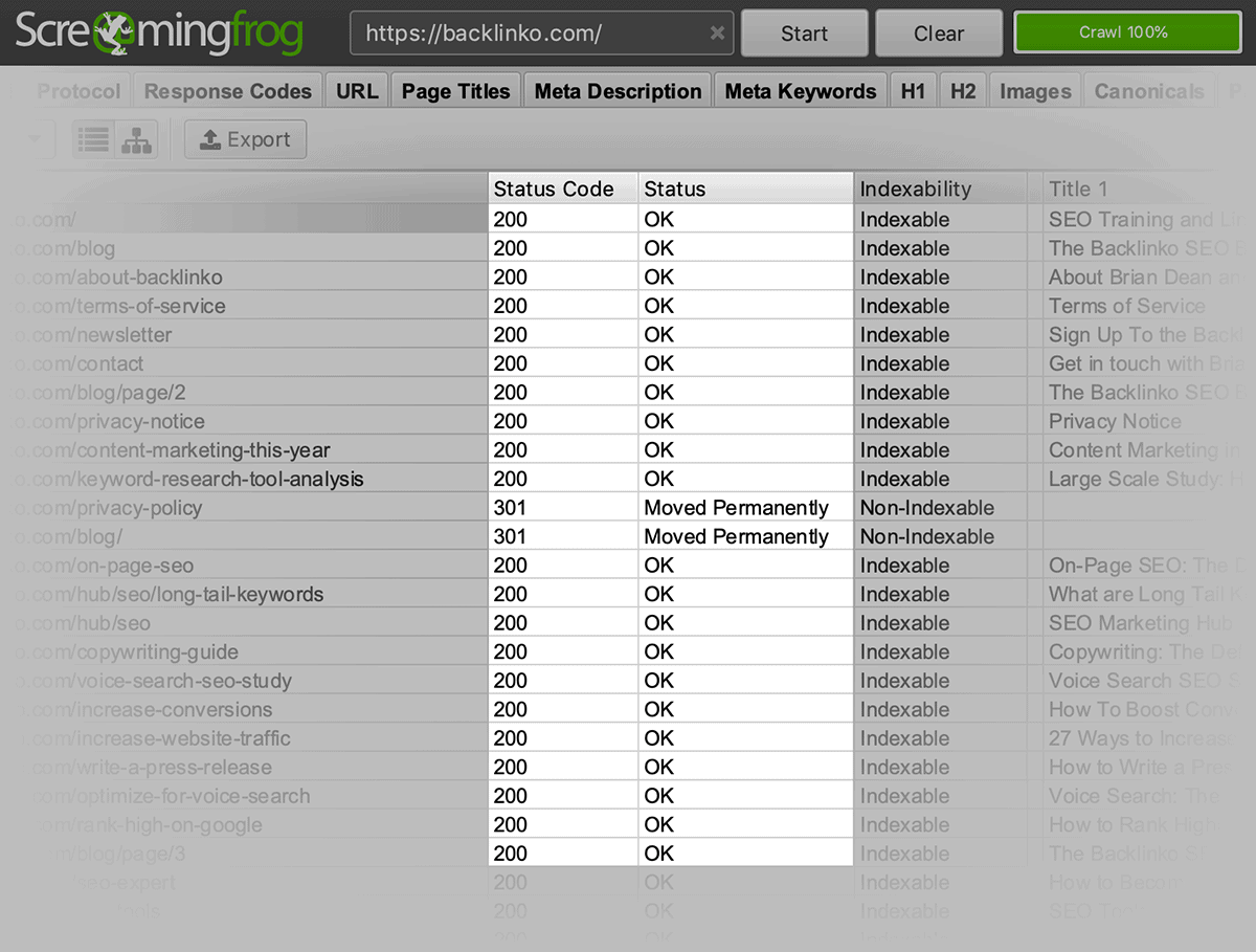 Screaming Frog – Link status