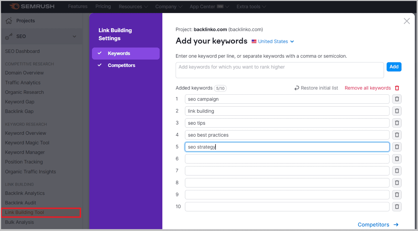 Enter keywords for targeted backlinks