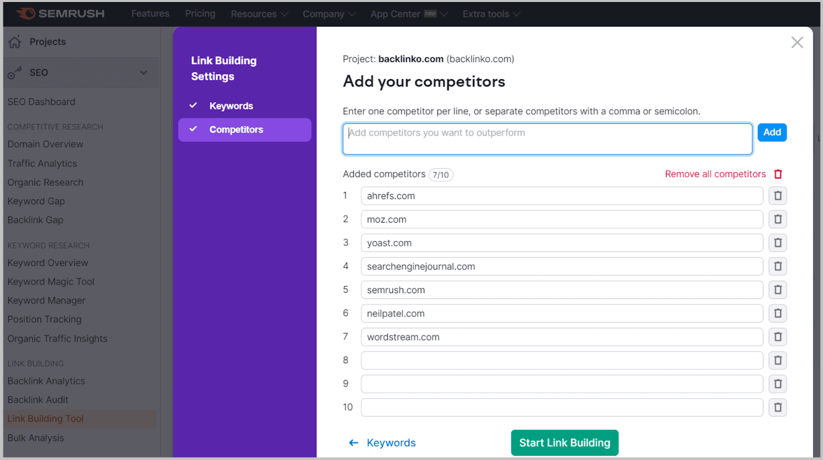 Enter competitors URLs