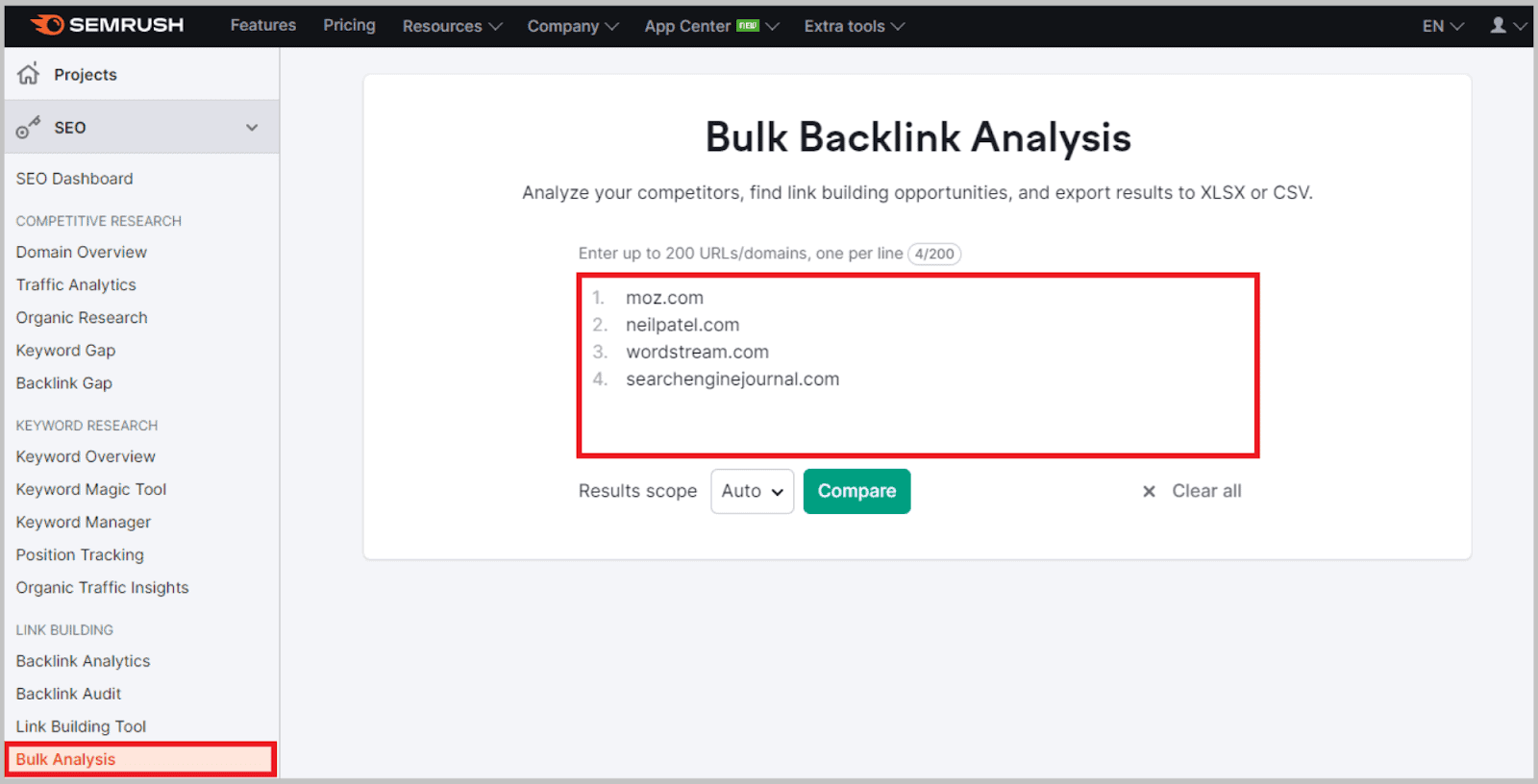 Analyze up to 200 competing URLs