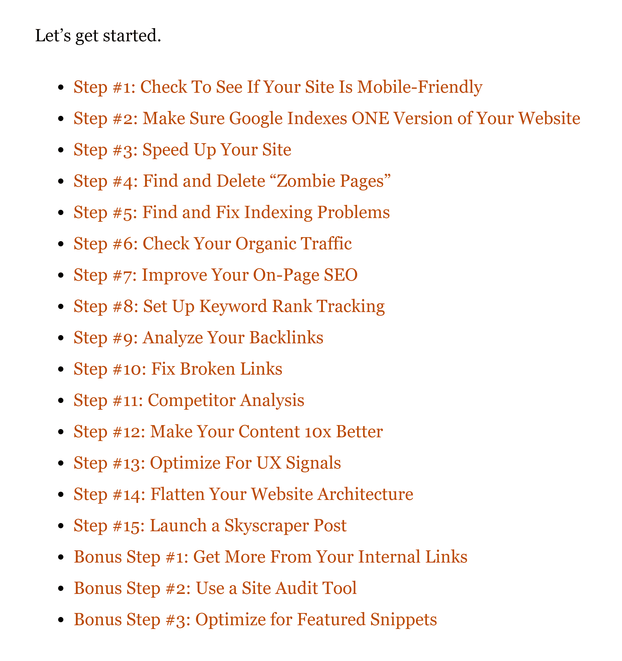 SEO Site Audit Table Of Content