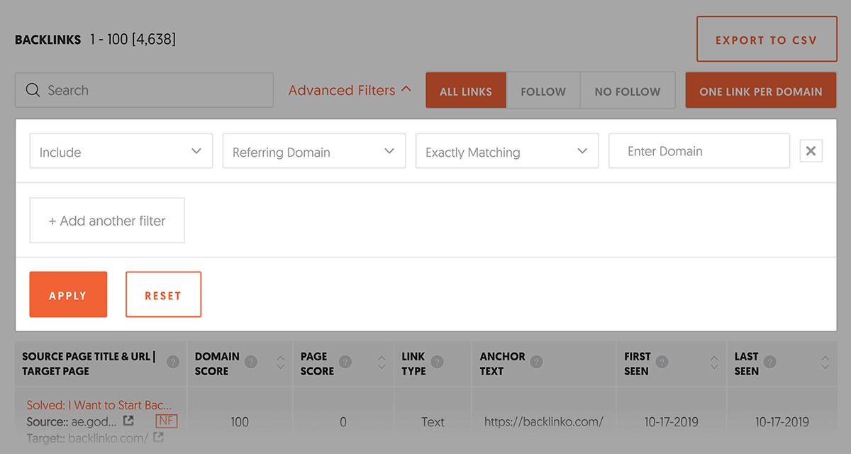 Ubersuggest – Backlinks – Advanced filters