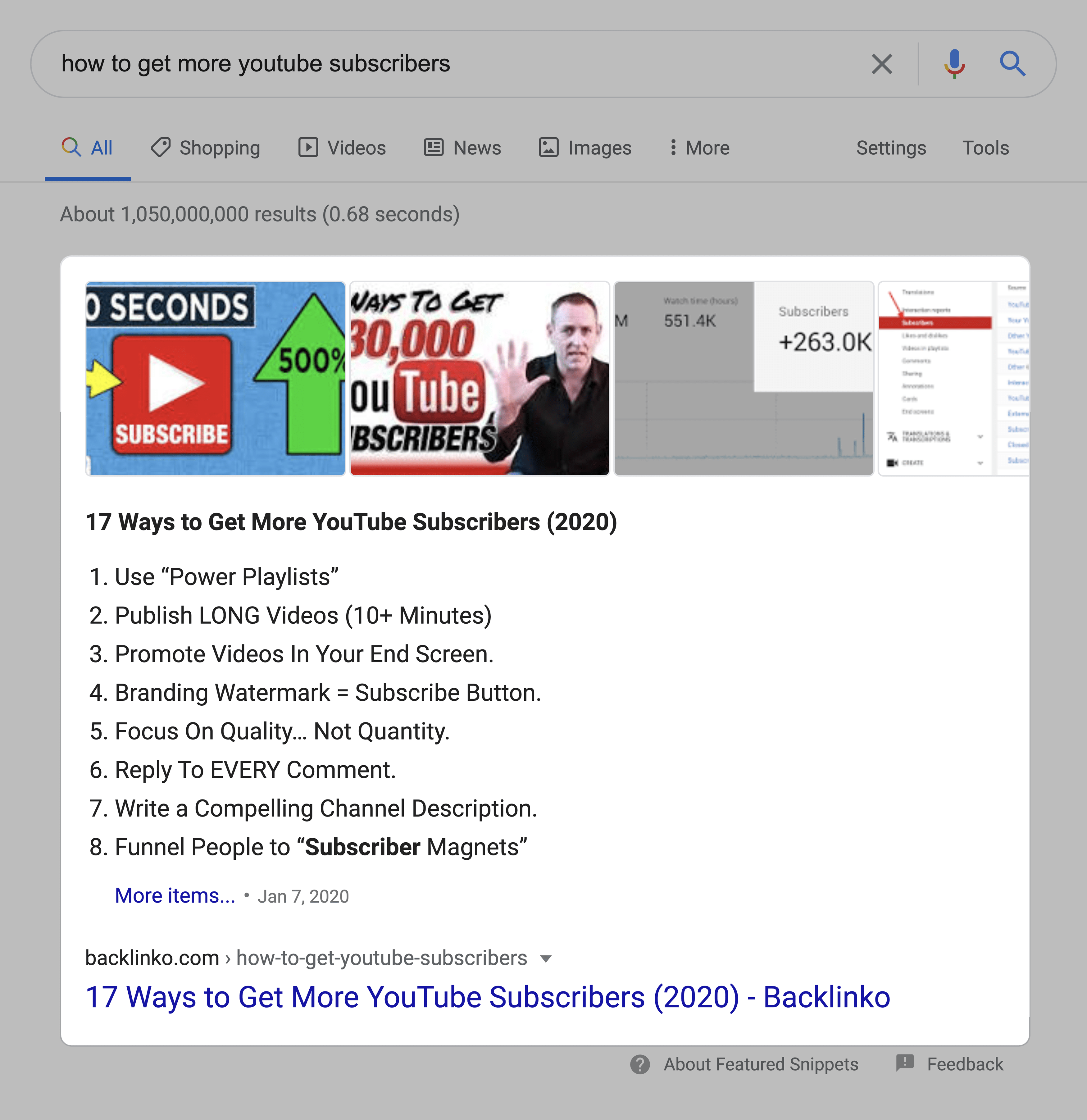 YouTube – Subscribers SERPs Featured Snippet